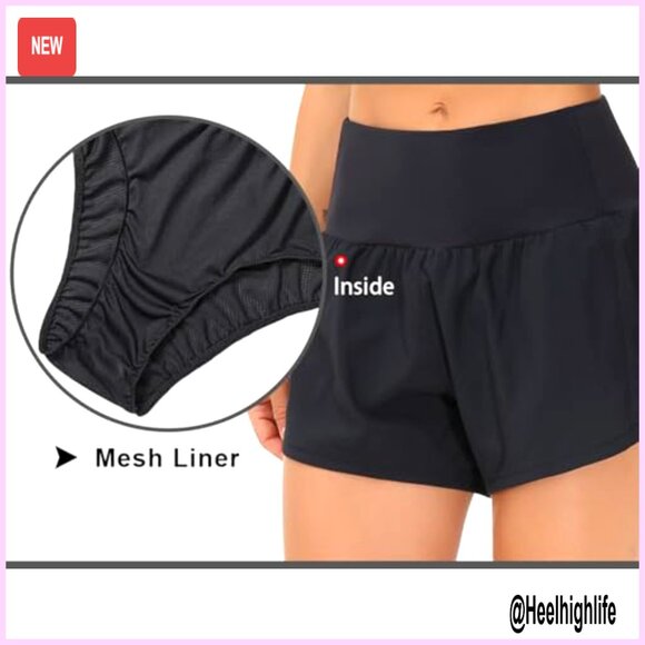 High Waisted Running Shorts Quick Dry Athletic Mesh Liner Zipper Pockets - Picture 5 of 6